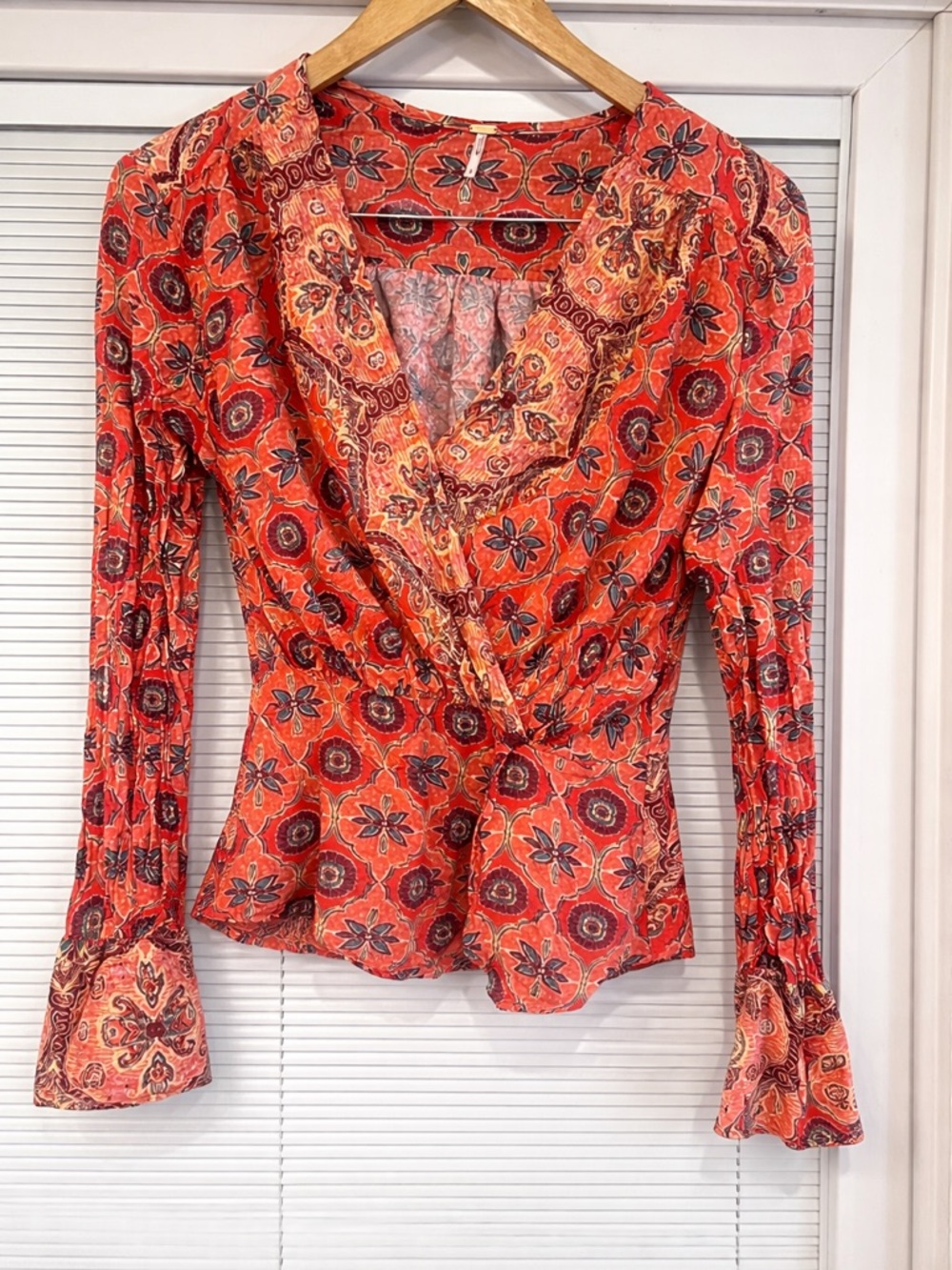 Free People Boho Paisley Bell Sleeve Wrap Top Blouse